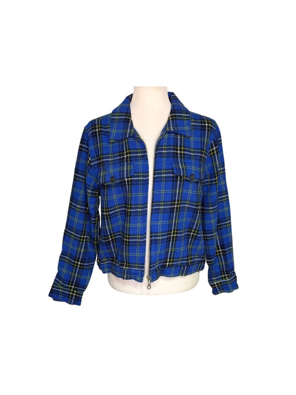 Vintage 90s Express Blue Plaid Wool Blend Zip-Up‎ Jacket - Women's Size Medium